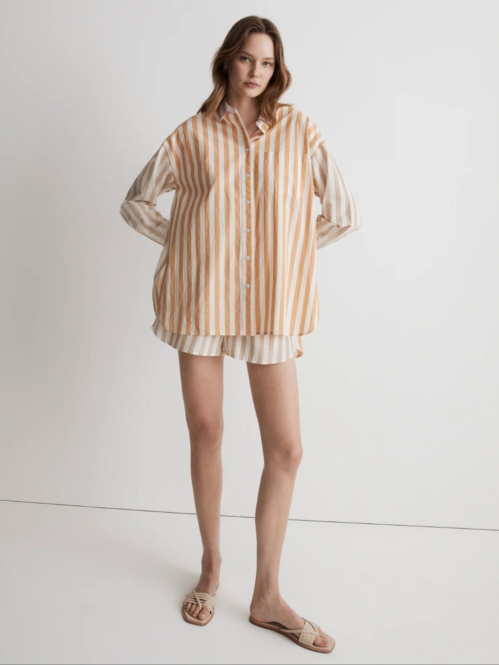 Madewell Signature Poplin Oversized Shirt Button Up Ochre Fresco Striped Small